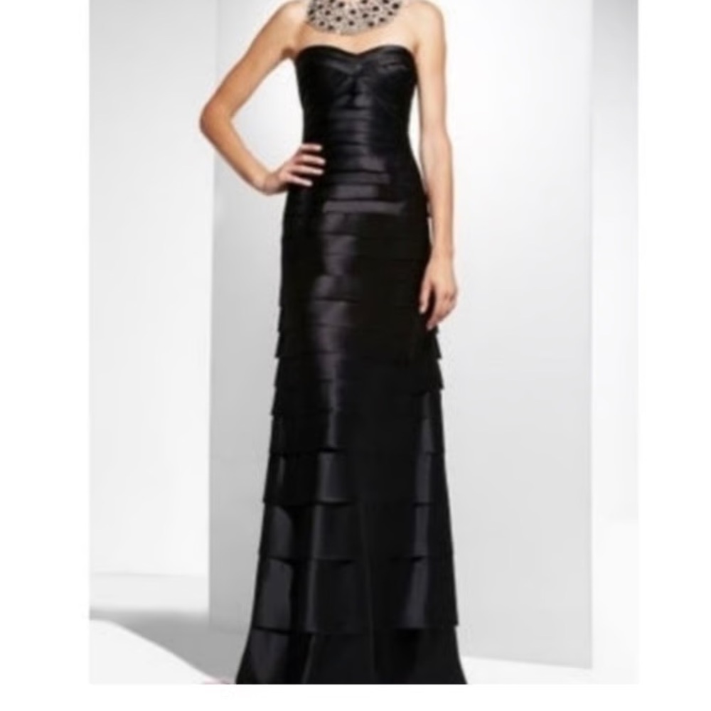 BCBGMaxAzria Black Strapless Tiered Satin Maxi Dress